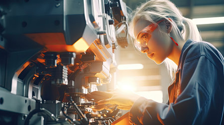 Workers wearing safety goggles control lathe machines to drill components. Metal lathe industrial manufacturing factoryの素材