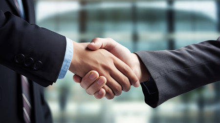 Business people shaking hands in officeの素材