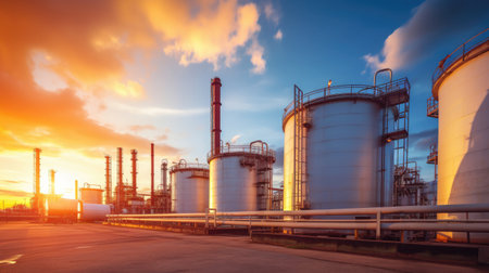 Close up Industrial view at oil refinery plant form industry zone with sunrise and cloudy skyの素材