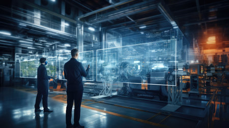 Futuristic Technology Concept: Team of Engineers and Professionals Workers in Heavy Industry Manufacturing Factory that is Digitalized with Graphics into Digital Twin of Industryの素材