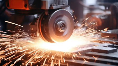 Metalworking industry: finishing metal working internal steel surface on lathe grinder machine with flying sparksの素材