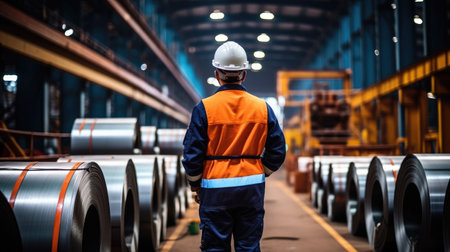 Worker and stock with rolls of sheet steel in industrial plantの素材