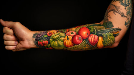 A tattoo-adorned arm proudly displays a cornucopia of fruits and vegetables, celebrating Thanksgiving s abundant harvest, while gently cradling a vibrant tangerineの素材