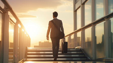Asian businessman carrying a suitcase while stepping on the staircase toward sunlight in the skyの素材