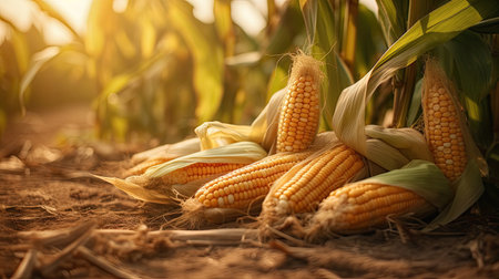 Cornfield with mature corn cobs lying on the ground.の素材