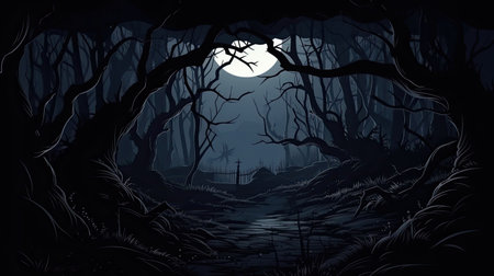 Dark and scary forest at the nightの素材