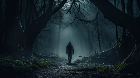A man walking on a dark path in a strange dark forest with fogの素材