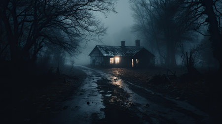 Spooky abandoned horror house near the roadの素材