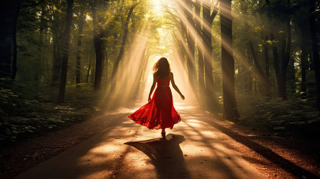 A Woman in red dress walking on a path in scenic forest of fresh green deciduous trees with the sun casting its rays of light through the foliageの素材