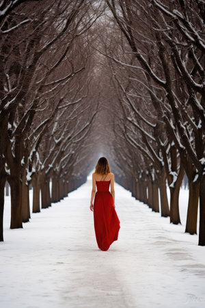 A Woman in red dress walking on a path in Winter landscape with fair trees under the snow. Scenery for the tourists. Christmas holidays. Trampled path in the snowdrifts.の素材