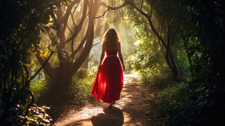 A Woman in red dress walking on a path in scenic forest of fresh green deciduous trees with the sun casting its rays of light through the foliageの素材