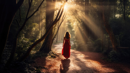 A Woman in red dress walking on a path in scenic forest of fresh green deciduous trees with the sun casting its rays of light through the foliageの素材