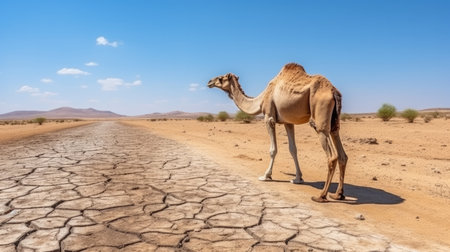 Camel crossing the desert road with arid drought countrysideの素材