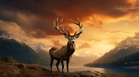 Dramatic sunset with beautiful sky over mountain range giving a strong moody landscape and red deer stag looking strong and proudの素材