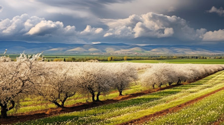 Panoramic view of the field waves with blossoming treesの素材
