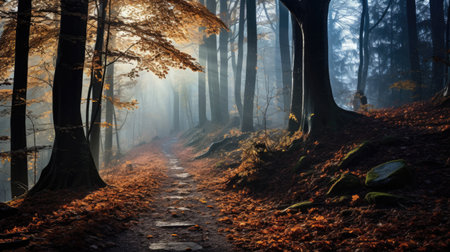 Path trough a strange beautiful forest with fog in autumnの素材