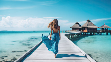 Beautiful woman in blue sarong walks down resort pierの素材