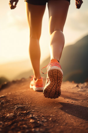 Athlete running sport feet on trail healthy lifestyle fitnessの素材