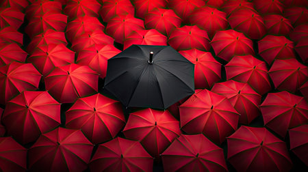 Black umbrella between a lot of Red umbrellasの素材