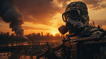 Man in gas mask and camouflage holding gun. Disaster conceptの素材