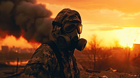 Man in gas mask and camouflage holding gun. Disaster conceptの素材