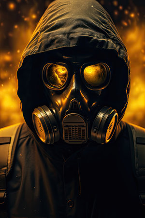 Man in gas mask with fire reflection in the eyesの素材