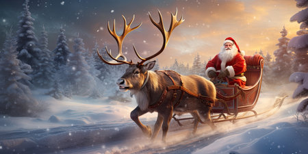 Santa Claus rides in a reindeer sleigh. He hastens to give gifts before Christmas.の素材