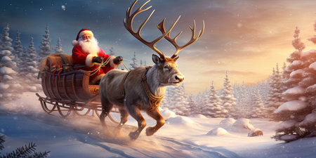Santa Claus rides in a reindeer sleigh. He hastens to give gifts before Christmas.の素材