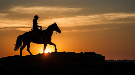 Silhouette of a horse rider on a cliff at sunset.の素材
