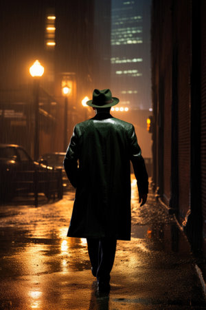A man in a suit and cowboy hat walking down an empty city streetの素材