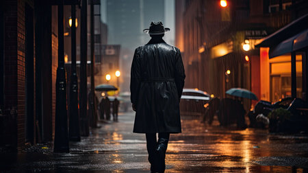 A man in a suit and cowboy hat walking down an empty city streetの素材