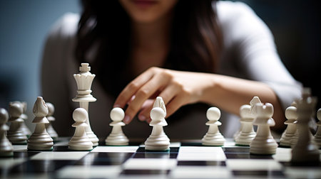 A woman playing chess, chess board manual focus lensの素材