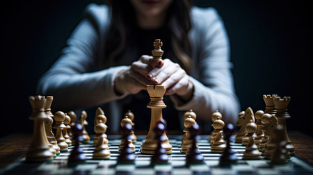 A woman playing chess, chess board manual focus lensの素材