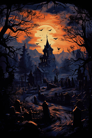 A beautiful night scene with skeletons, flying witches, bats, and a graveyard in the background, in the style of dark orange and light indigoの素材
