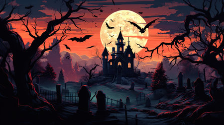 A beautiful night scene with skeletons, flying witches, bats, and a graveyard in the background, in the style of dark orange and light indigoの素材