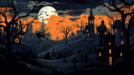 A beautiful night scene with skeletons, flying witches, bats, and a graveyard in the background, in the style of dark orange and light indigoの素材