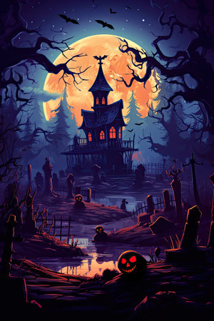 A beautiful night scene with skeletons, flying witches, bats, and a graveyard in the background, in the style of dark orange and light indigoの素材