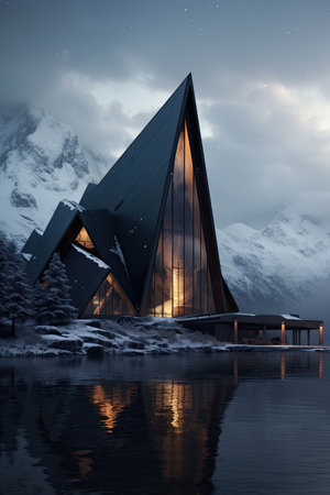 A house is shown with snow-capped mountains, in the style of futuristic settings, dark and brooding designer, nature-inspired, havencore, sharp and angularの素材