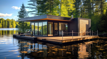 Contemporary floating cabin on beautiful lakeの素材