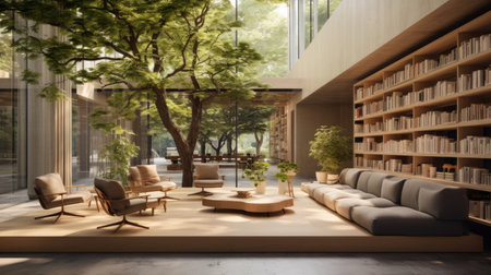 Made of clear concrete, the library features light-colored log bookshelves, stepped seating, potted plants, raw timber floors, and a courtyard where an old tree extends outdoors.の素材