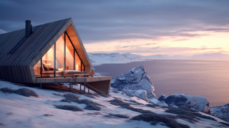 Zigzag shaped modern cabin by ocean in Scandinavian snowy mountain landscape sunsetの素材