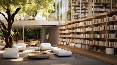 Made of clear concrete, the library features light-colored log bookshelves, stepped seating, potted plants, raw timber floors, and a courtyard where an old tree extends outdoors.の素材