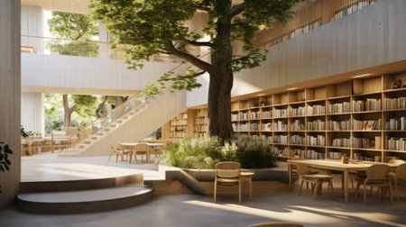 Made of clear concrete, the library features light-colored log bookshelves, stepped seating, potted plants, raw timber floors, and a courtyard where an old tree extends outdoors.の素材