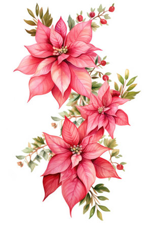 Beautiful lush Christmas pink poinsettia garland on white background, detailed watercolor illustrationの素材