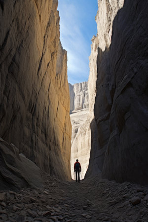 Man at bottom of valley, large, shadowy rock walls surrounding him, pov towards the sky visible through the crevasseの素材