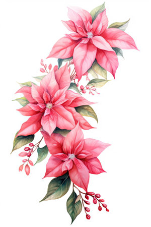 Beautiful lush Christmas pink poinsettia garland on white background, detailed watercolor illustrationの素材
