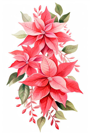 Beautiful lush Christmas pink poinsettia garland on white background, detailed watercolor illustrationの素材