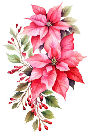 Beautiful lush Christmas pink poinsettia garland on white background, detailed watercolor illustrationの素材