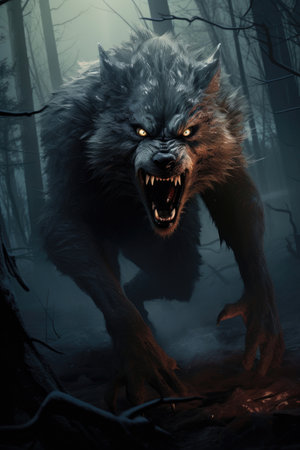 Scary wolf with grey fur, fierce expression on its face, crouching posture in a dark forestの素材