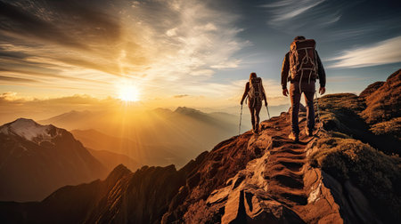 Step by step, they conquered the height, Scaling the mountain, bathed in the sunlight. Their perseverance led them to the top, where a breathtaking view awaitedの素材